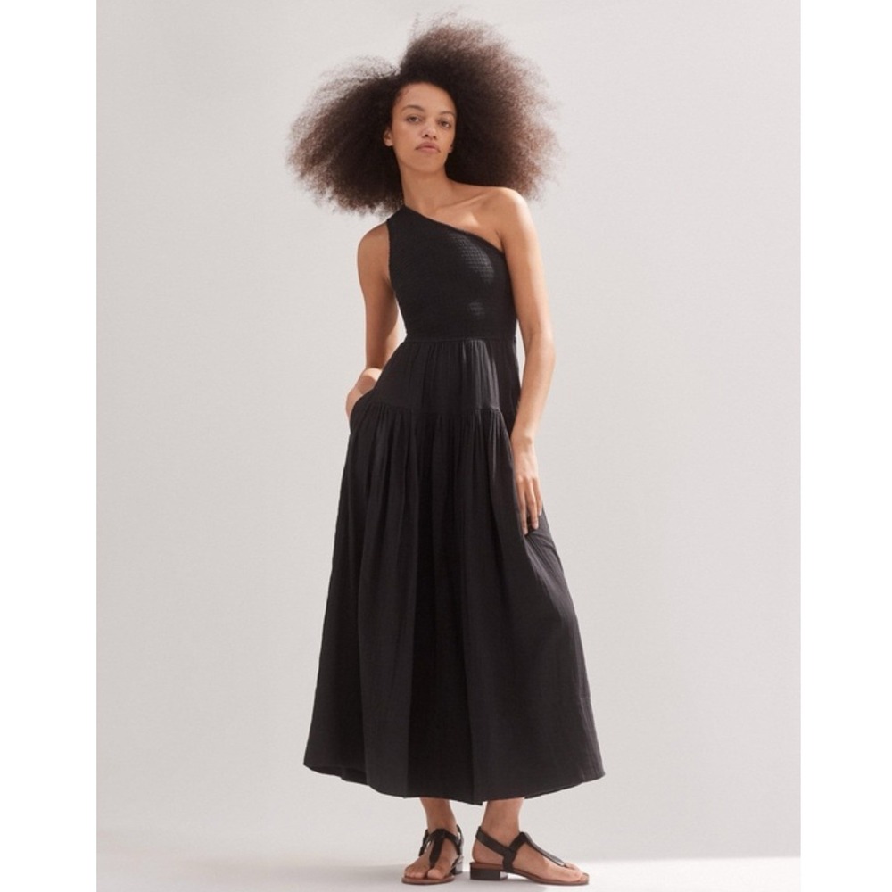 ME+EM Black One Shoulder Smocked Tiered Cotton Maxi Dress SS24WD928 US 0